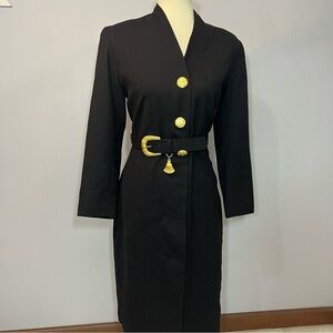 Vintage black long sleeve structured dress bold gold belt ornate buttons retro